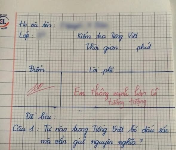Cô giáo ra đề “Từ nào bỏ dấu sắc vẫn giữ nguyên nghĩa”, đáp án của bé tiểu học nhận điểm 10 tuyệt đối